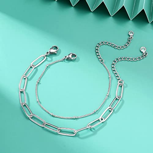 Dainty Gold Bracelets for Women, 14K Gold Plated Adjustable Layered Beads Bracelet Cute Evil Eye Oval Chain Pearl Bar Turtle Gold Bracelets for Women Jewelry - style: Grey crystal beads&Chain