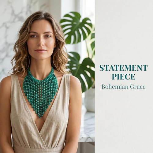 Coiris Boho African Wooden or Acrylic Beaded Bib Statement Necklace Strands Layered Cluster Chunky Collar Choker Wood Necklace for Women Fashion Costume Jewelry - color: Teal