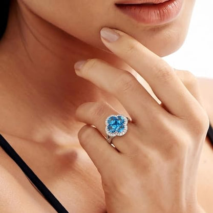 Green/Blue Zircon 4-Leaf Clover Jewelry Set – Necklace, Ring, Earrings – Women's Wedding & Evening Gift for Wife, Girlfriend, Mother – Comes with Gift Box - color: Blue Ring
