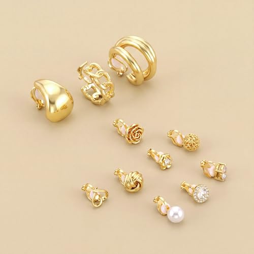 10 Pairs Gold Clip on Earrings, 14K Gold Plated Clip Earrings Earring Set | Non Pierced Ears Clips, CZ Pearl Knot Twist, Chunky Hoop, and Studs