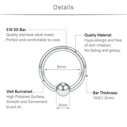 SCERRING 16G Captive Bead Piercing Ring Stainless Steel Nose Septum Tragus Helix Nipple Lip Eyebrow Hoop Rings 12PCS - style: 12PCS - 8mm Mix Color