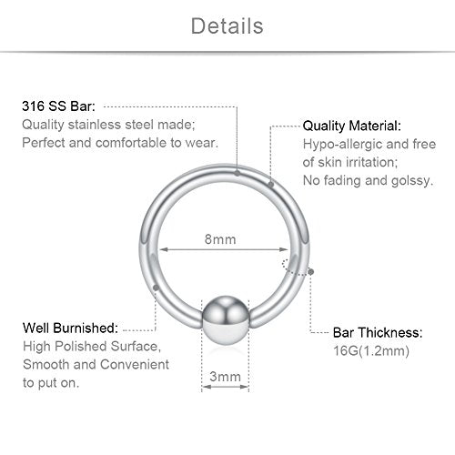SCERRING 16G Captive Bead Piercing Ring Stainless Steel Nose Septum Tragus Helix Nipple Lip Eyebrow Hoop Rings 12PCS - style: 12PCS - 8mm Silver