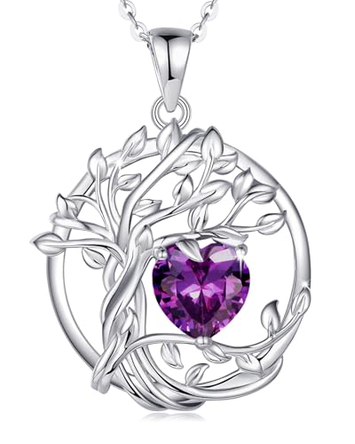 FANCIME Tree of life Birthstone necklace Sterling Silver Pendant Birthstone Necklace Gemstone Anniversary Birthday Jewelry Mothers Day Gifts for Mom Her Wife - color: Feb.-Amethyst