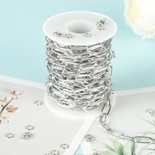16ft/5m Aluminum Jewelry Chains Bulk Embossed Paperclip Jewelry Making Chains Oval Link Chain Roll with Jump Rings and Lobster Clasps - color: 6.5×15.5mm-Silver