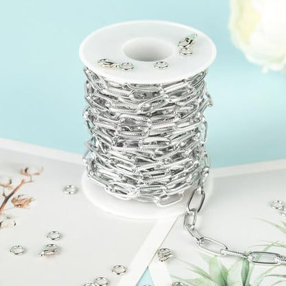 16ft/5m Aluminum Jewelry Chains Bulk Embossed Paperclip Jewelry Making Chains Oval Link Chain Roll with Jump Rings and Lobster Clasps - color: 6.5×15.5mm-Silver