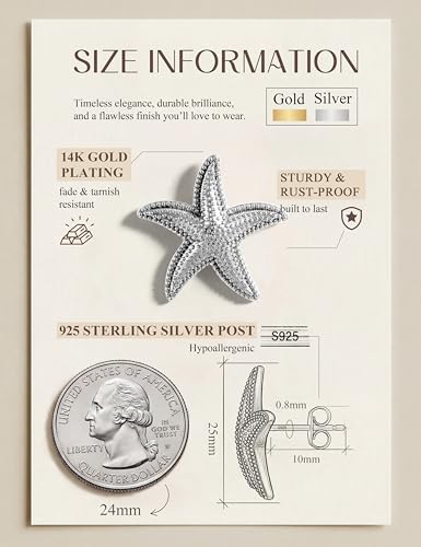 Chunky Gold Stud Earrings for Women Sterling Silver Earring Hypoallergenic | Non Tarnish 14K Gold Plated 925 Silver Posts for Sensitive Ears,Knot Statement Dangle Earrings Gold Jewelry Gifts Lightweight - color: silver plated-starfish