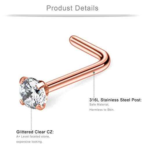 20G 1.5mm 2mm 2.5mm 3mm 3.5mm 4mm Opal Clear Diamond CZ Nose L Shaped Studs Rings Piercing Jewelry 4-20PCS - color: 20PCS - Rose Gold