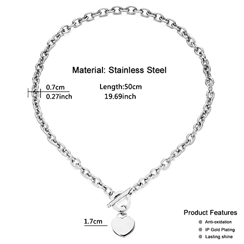 WangGao Elegent Love Stainless Steel Link Chain Blank Heart Charms Necklace for Women Toggle Clasp Closure - color: Silver, size: 19.6inches