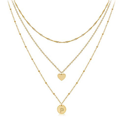 Layered Initial Choker Necklaces Handmade 14K Gold Plated Dainty Heart Personalized Letter Disc Pendant Layering Gold Necklaces for Women Gift Jewelry,Valentines Day Gifts for Mom Wife Girlfriend - style: P