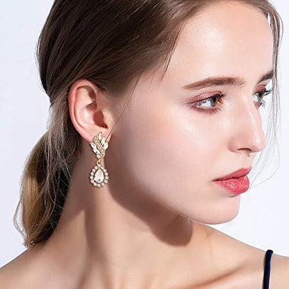 EleQueen Women's Austrian Crystal Art Deco Tear Drop Dangle Earrings Clip-on - color: 04-Gold-tone Clear