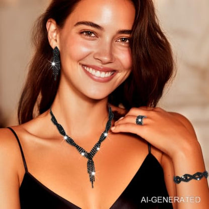 Sixexey Rhinestone Jewelry Set Wedding Jewelry Prom Costume Necklace Jewelry for Women - color: Black
