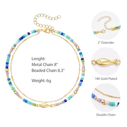 KELORIS PATH Beaded Ankle Bracelets for Women, Fish Charm Anklet | Layered Bead Anklets Stack with 14K Gold Plated Fish Pendant, Adjustable Summer Beach Waterproof Jewelry Gift for Her - color: Blue