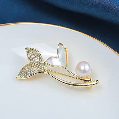 Golden Plated Mermaid Tail Brooch Pin for Women Girls Cubic Zirconia Faux Pearl Double Fish Tails Pins Clip Lapel Shawl Sweater Scarves Jackets Dress Suit Brooches Pins Fashion Jewelry Gifts Clothes Accessories