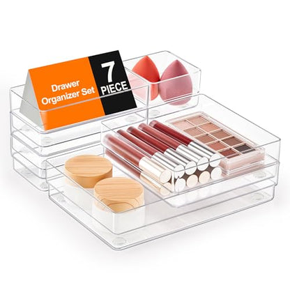 SMARTAKE 7 PCS Drawer Organizer, 4-Size Desk Drawer Organizer Trays | Storage Tray with Non-Slip Silicone Pads for Makeup, Jewelries, Utensils in Bedroom Dresser, Office and Kitchen (Clear) - style: 7 PCS