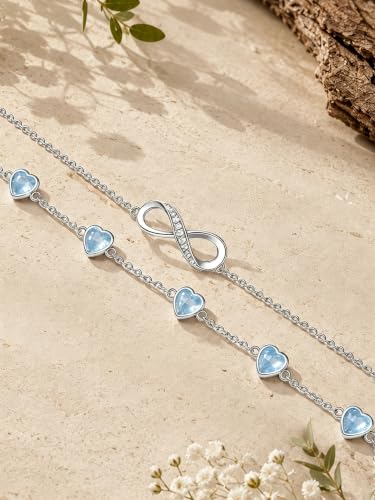 Prismata Infinity Birthstone Charm Link Bracelet/Anklet 925 Sterling Silver Adjustable 12 Months Birthstone Infinity Bracelet/Anklet Birthday Jewelry Gifts for Women Her - color: 03-March, size: 9‘+2’ Anklet