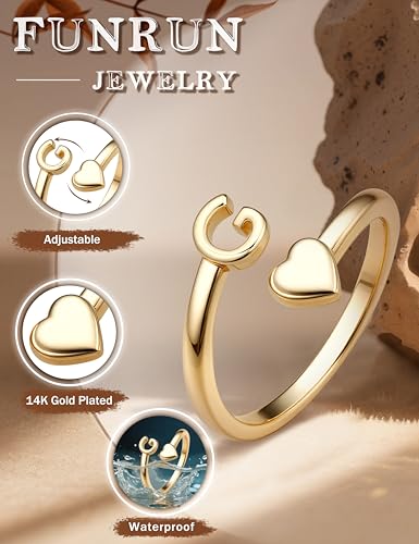 FUNRUN JEWELRY Gold Initial Ring for Women Non Tarnish 14K Gold Plated | Adjustable Letter Rings A-Z Dainty Heart Alphabet Stackable Band Rings Trendy Capital Letter Pinky Knuckle Thumb Ring - style: G Initial Ring