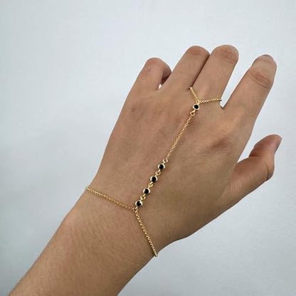 Kakikaki 925 Sterling Silver Finger Ring Bracelet Hand Chain for Women | Slave Bracelets 7" to 9" Adjustable - color: Gold, style: 5 Black