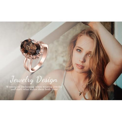 JewelryPalace Huge Oval Shape 5.7ct Genuine Smoky Quartz Cocktail Rings for Her, 14K White Yellow Rose Gold Plated 925 Sterling Silver Ring for Women, Natural Gemstone Jewelry Sets Rings - color: 3-Rose Gold Plated Brass