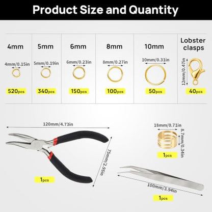 1200 Pcs Open Jump Rings, Jump Rings for Jewelry Making, Necklace Keychain Repair Kit with Making Tools Tweezer, Plier, Lobster Claw Clasps, Open Rings for DIY Crafts Keychains (Gold) - color: Gold