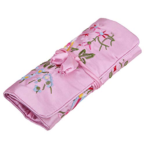 TUMBEELLUWA Embroidery Travel Jewelry Bag Roll Embroidered Flower and Bird Brocade Organizer with Tie Close - color: #4 Pink