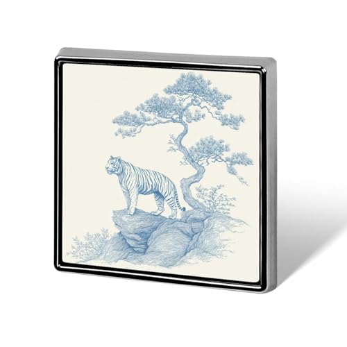 Minimalistic Blue Line Tiger on A Rock Unisex Brooches & Pins Square Lightweight Lapel Badge Jewelry for Clothing Shawl Hat