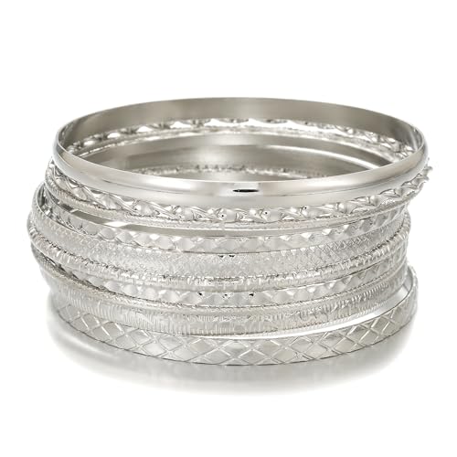 Gold Bangles for Women, 12 Pcs Boho Stackable Bracelets Multi Layer Textured Chunky Bracelets Jewelry Set for Women - color: Style D- 10 pcs silver