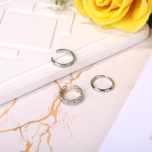 Mikovivi 3pcs Silver Toe Rings, Open Adjustable Copper Toe Ring Set Flower Diamond Plain Foot Ring Summer Beach Foot Jewelry for Women