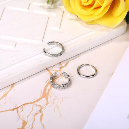 Mikovivi 3pcs Silver Toe Rings, Open Adjustable Copper Toe Ring Set Flower Diamond Plain Foot Ring Summer Beach Foot Jewelry for Women