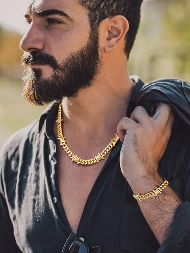 Bandmax Stainless Steel Barbed Wire Cuban Chain Necklace for Men & Women | Edgy Fierce Design, Waterproof & Tarnish Resistant, Silver/Black Tone, 5/7/9/12MM, 16-22 Inches, Street Punk Style Jewelry - color: A3 9MM-Gold, size: 20 Inch (51cm)