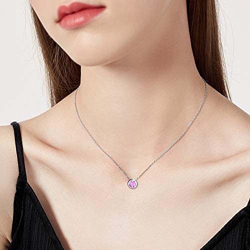 925 Sterling Silver Solitaire Cubic Zirconia Necklace for Women Teen Girls - color: October - Pink