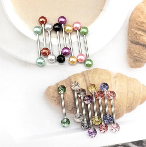 48Pcs 14G Glow in Dark Flexible Stainless Steel Straight Tongue Barbell Nipple Ring Retainer Piercing Jewelry for Women Men 16mm Bar