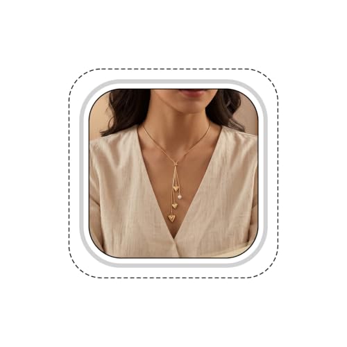 1Piece Gold-Tone Lariat Minimalist Dainty Heart Pearl Pendant Long Necklace | lariat necklace for women|y shaped necklace|lariat necklace gold|gold heart lariat necklace