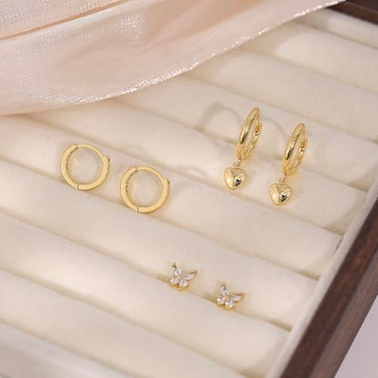 Gold Plated Earrings for Women, 14k Gold Plated Earring Stack Hypoallergenic Pearl Drop Earring Dainty Earrings for Women Trendy Cute Small Huggie Hoop Earring Fashion Womens Jewelry - color: beautiful set