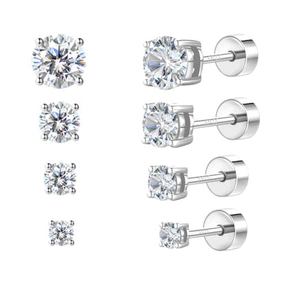 4 Pair Moissanite Stud Earrings,Flat Back Earrings for Women | 14K/White Gold Plated S925 Sterling Silver Flat Back Earrings Set, Hypoallergenic Cartilage Piercing Jewelry - color: White Gold