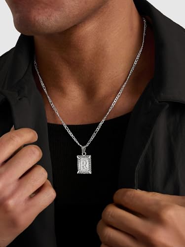 U7 Initial Letter Necklace for Men Women, 14K Gold/Silver Plated Square Capital Monogram Pendant Necklace from A-Z with 22+2 Inch Figaro Chain, Personalized Jewelry for Him - color: Silver, style: R