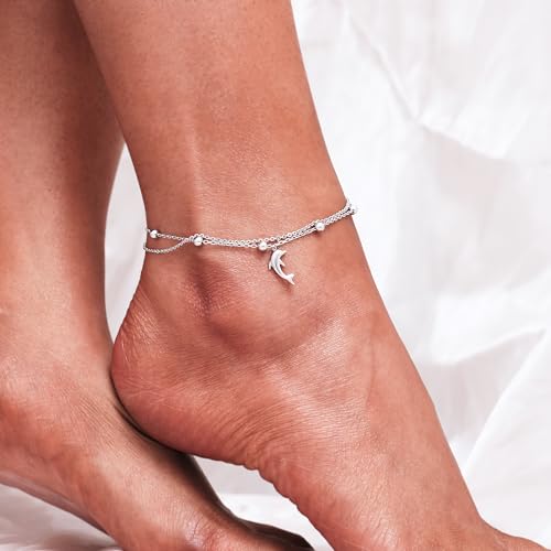 CHIC & ARTSY 925 Sterling Silver Ankle Bracelets for Women, Adjustable Layered Foot Chains with Nature & Symbol Charms, Lightweight Comfort Fit Boho Beach Everyday Jewelry - color: Dolphin/silver