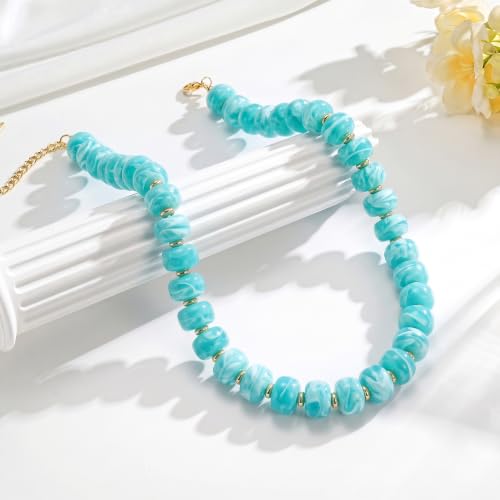 Beaded Necklaces for Women - Colorful Acrylic Beaded Chunky Necklace | Adjustable Statement Necklace, Puffy Heart Pendant, Boho Choker Necklace, Waterproof Summer Beach Jewelry, Gifts for Vacation - color: Turquoise
