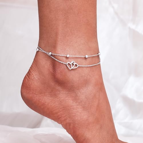CHIC & ARTSY 925 Sterling Silver Ankle Bracelets for Women, Adjustable Layered Foot Chains with Nature & Symbol Charms, Lightweight Comfort Fit Boho Beach Everyday Jewelry - color: Heart/silver