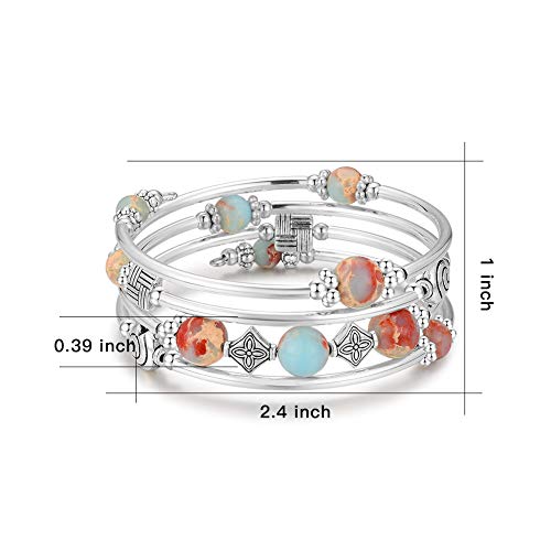 Beaded Pearl Bangle Wrap Bracelet - Fashion Bohemian Jewelry Multilayer Charm Bracelet with Thick Silver Metal Beads, Gift For Women - color: King Green