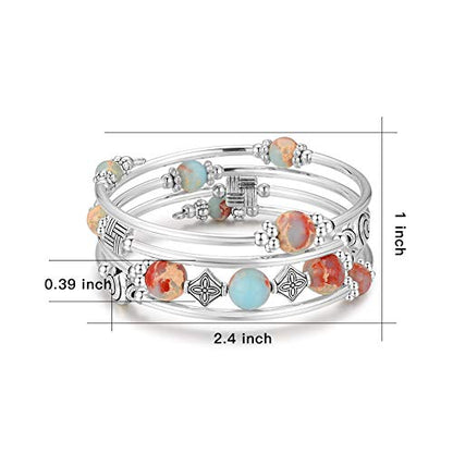 Beaded Pearl Bangle Wrap Bracelet - Fashion Bohemian Jewelry Multilayer Charm Bracelet with Thick Silver Metal Beads, Gift For Women - color: King Green