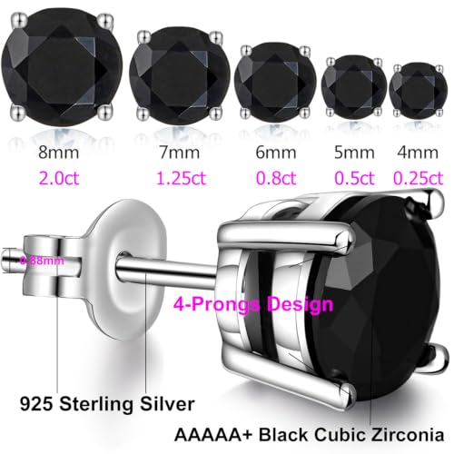Jiamiaoi 18K White Gold Plated Stud Earrings 925 Sterling Silver Round and Square Cut Princess Cut 5A+ Cubic Zirconia Stud Earrings 4mm to 8mm Fashion Jewelry for Men Women - color: D-Round Cut Black, size: 7mm