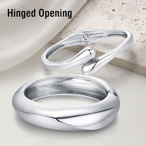 Chunky Gold Bangle Bracelets for Women Trendy 14K Gold Plated Cuff Bracelets Stack, Dainty Gold Bracelet Sets Non Tarnish Fashion Jewelry Gift - style: 2pcs-Silver-BoldTwinDrop