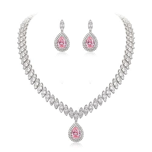 EVER FAITH CZ Marquise Leaf Teardrop Wedding Prom Jewelry Set for Women | Birthstone Pendant Necklace Dangle Earrings - color: Pink