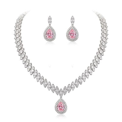 EVER FAITH CZ Marquise Leaf Teardrop Wedding Prom Jewelry Set for Women | Birthstone Pendant Necklace Dangle Earrings - color: Pink