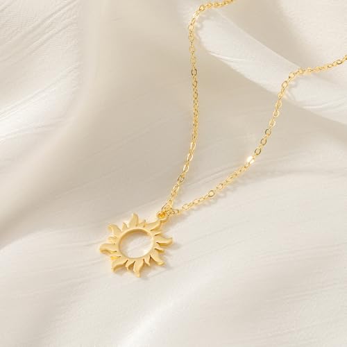 Dainty Gold Necklace: 14k Gold Plated Dianty Boots Bow Sun Moon Horse Evil Eye Conch Seahorse Necklace for Women 16.5"+2" - color: Sun