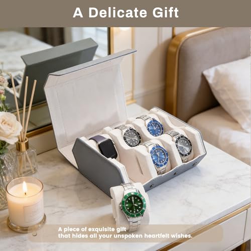 Watch Box for Men, 6-Slot PU Leather Watch Case with Removable Watch Pillows, Snap Closure Travel Watch Organizer, Luxury Storage Gift for Collectors (gray/white) | PU Leathe with velvet compartments, removable cushions for straps, snap lock for safe trav