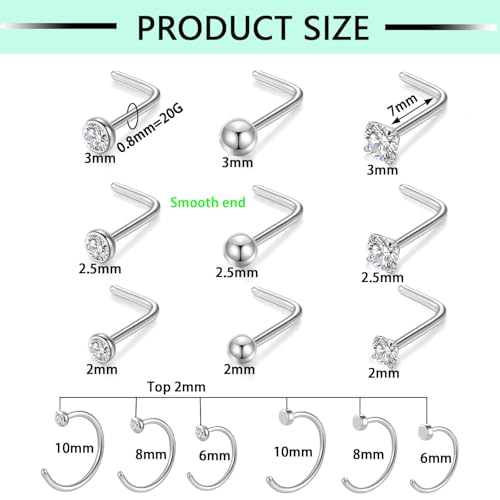 Gotumo 20G Nose Rings Titanium Nose Studs Cubic Zirconia Straight Nose Piercing Jewelry Hypoallergenic Nose Rings Studs for Women Men 6pcs set Silver - color: Silver, size: 20G L Shaped 15pcs