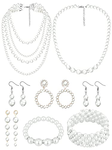 BBTO 8 Pcs Pearl Necklace and Earrings Set for Women Pearl Jewelry Set Faux Necklace Earrings Simulated Bracelets - style: Delicate Style