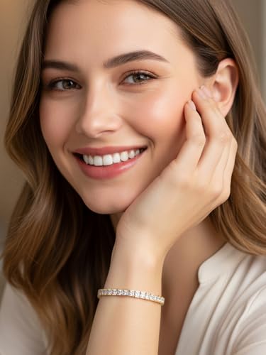 5A Cubic Zirconia Tennis Bracelet for Women, Rhodium/Yellow Gold Plated Hypoallergenic, Birthday Wedding Anniversary Jewelry - color: Princess Cut - Yellow Gold