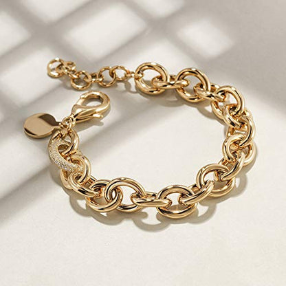 14K Gold Plated Link Chain Bracelets for Women, Dainty Silver Beaded Stackable Bracelet, Trendy Charm Jewelry for Her, Fits 6.0”–8.0” Wrists - color: 9.0" Medium Gold